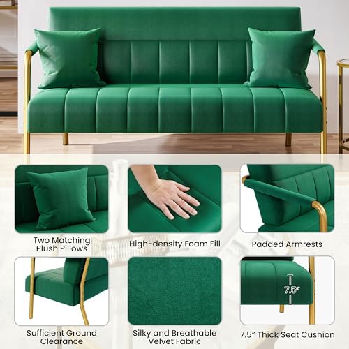 Yaheetech 56.5" Small Sofa 2 Seater Couch with Gold-Tone Legs, Green