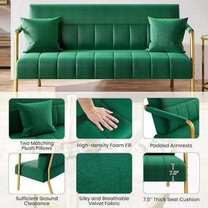 Yaheetech 56.5" Small Sofa 2 Seater Couch with Gold-Tone Legs, Green