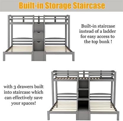 Harper & Bright Designs Triple Bunk Bed for Kids,Twin Over Twin Bunk Beds for 3, Wooden Bunk Beds with Storage Stairs and Litter Drawer for Girls Boys Teens,Grey