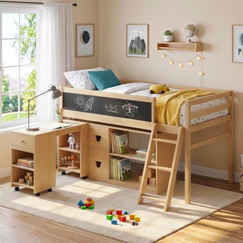 Low Loft Bed with Desk, Twin Size Solid Wood Bed Frame w/Storage Bookshelf & Blackboard, Full Guardrail, Ladder, No Box Spring Needed for Kids Teen, Easy Assembly (Natural)