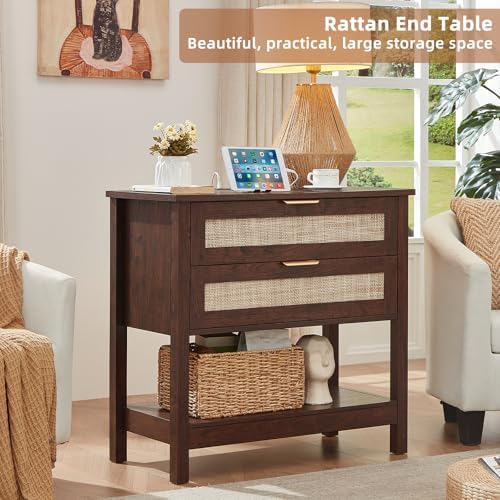 LEYAOYAO 31.5" Wide Rattan Night Stand Set 2 Charger Station