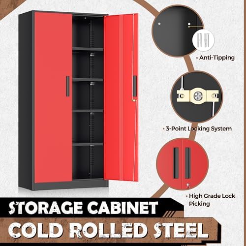 INTERGREAT Metal Storage Cabinet, 72” H Storage Cabinet with 2 Doors and 4 Adjustable Shelves for Office, Home, Garage, Pantry,Apartment (Black red)