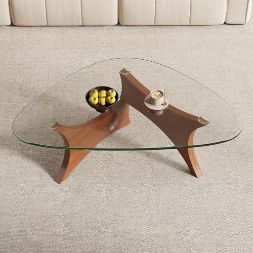 Modern Glass Coffee Table for Living Room, Mid Century Modern Triangle Coffee Table with Tempered Glass Top & Solid Wood Base, Small Center Table for Apartment（Walnut/Transparent，Large）