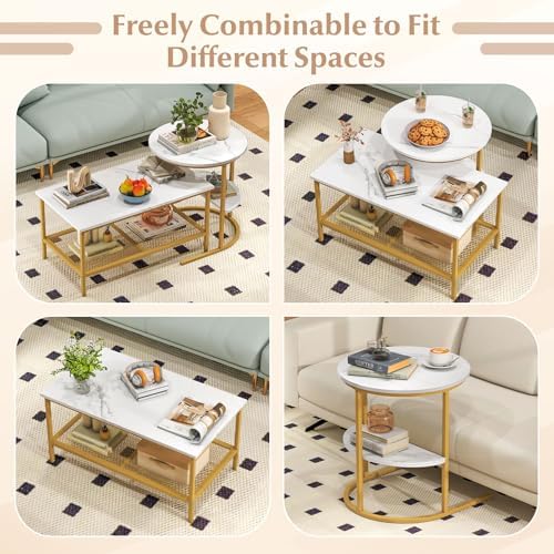 GOFLAME Nesting Coffee Table Set of 2, 2 PCS Nesting Tables with Faux Marble Top and Extra Storage Shelf, Modern Round End Table & Rectangular Coffee Tables for Living Room, Bedroom, Gold+White
