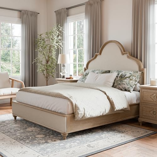 Furniture of America Weile Art Deco Solid Wood 88-inch Panel Bed with Upholstered Headboard and Footboard, Box Spring Required for Bedroom, Guest Room, King, Rustic Oak