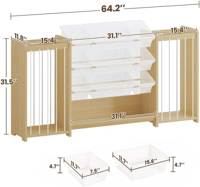 Anmon 3-in-1 Montessori Toy Organizer with Bookshelf, 9 Clear Bin & Plush Storage (64.2" W)