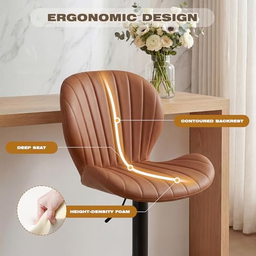 Bar Stools Set of 4, Modern Swivel Adjustable Bar Chairs, Faux Leather Upholstered Counter Height Bar Stools with Backrest, Comfort Barstools for Kitchen Island, Home Bar, Brown