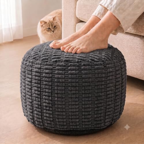 Round Pouf Ottoman, Charcoal Gray, 20"x13", Corduroy Foot Rest