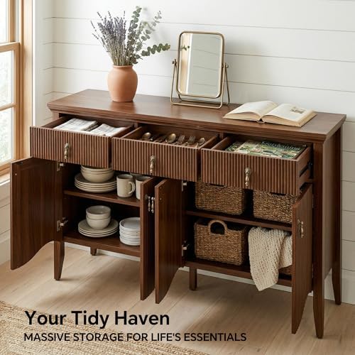 57" Fluted Sideboard Buffet,Retro Storage Cabinet, Walnut