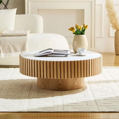 35.43'' Round Coffee Table with Faux Marble Tabletop, Modern Drum Center Coffee Tables Luxury Circle Coffee Table for Bedroom,Apartment,Living Room-Natural