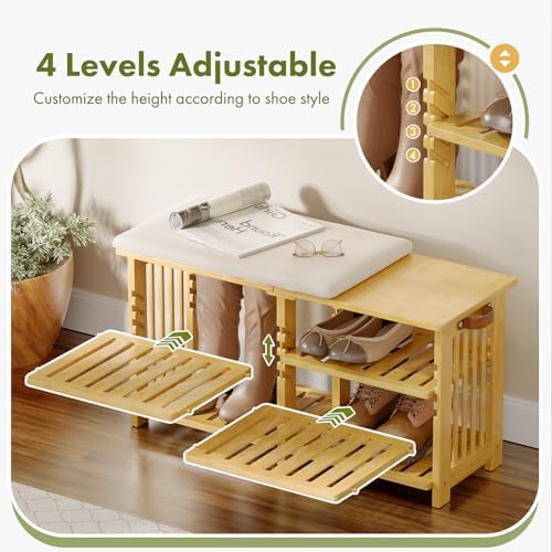 Bamboo Shoe Rack Bench, 3-Tier Shoe Bench Height Adjustable, Entry Bench with Side Storage Strap, Shoes Organizer Storage Bench, Shoe Shelf with Seat Cushion for Entryway, Living Room, Hallway