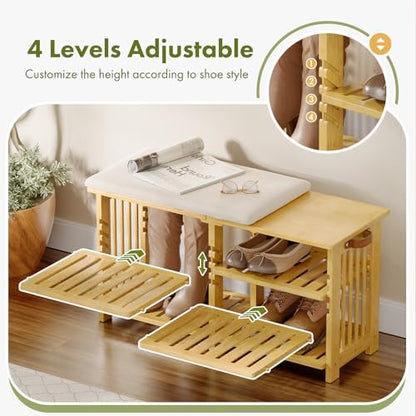 Bamboo Shoe Rack Bench, 3-Tier Shoe Bench Height Adjustable, Entry Bench with Side Storage Strap, Shoes Organizer Storage Bench, Shoe Shelf with Seat Cushion for Entryway, Living Room, Hallway