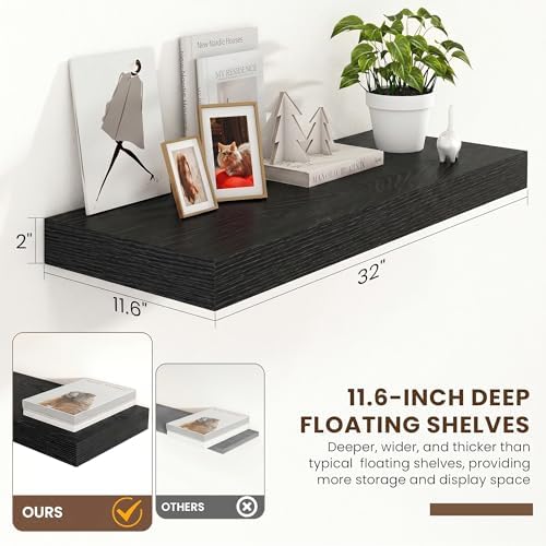 FLYJOE 32 Inch Floating Shelves, 12'' Deep Black Shelves for Wall Set of 2