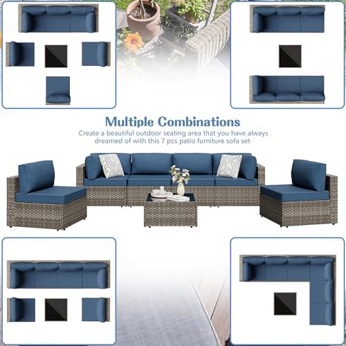 7 Piece Outdoor Patio Furniture Set with Natural PE Rattan, Navy Blue