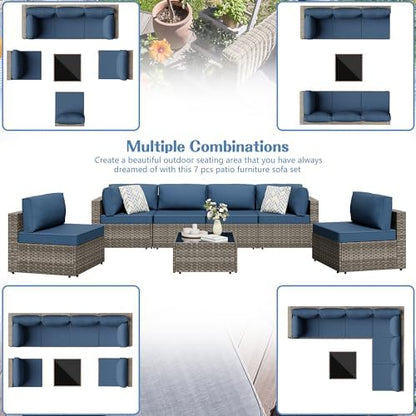 7 Piece Outdoor Patio Furniture Set with Natural PE Rattan, Navy Blue