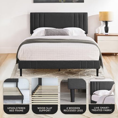 Decoro Chicago Channel Tufted Upholstered Platform Bed, Dark Gray, Queen