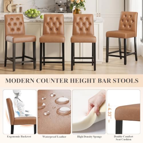 MALOL Bar Stools Set of 2 Faux Leather Counter Height Bar Stools,Lightbrown