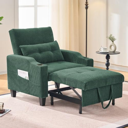3 in 1 Convertible Sleeper Chair, Corduroy Single Sleeper Sofa Bed, Pull Out Sofa Bed Chair with Adjustable Backrest & Side Pockets for Living Room, Green
