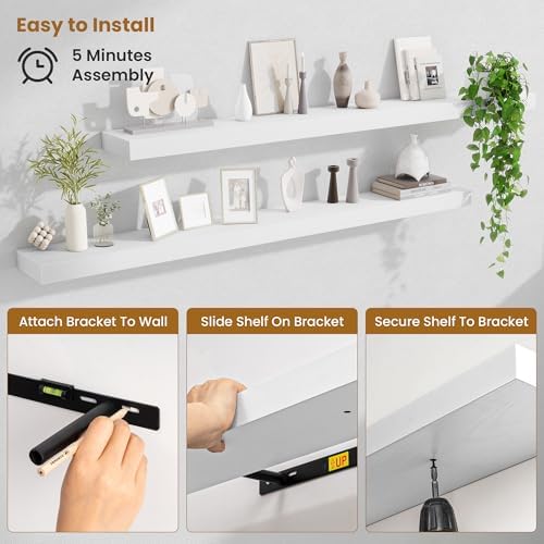 60 Inch Fireplace Mantel Set of 2, Long Floating Shelf for Bedroom|Living Room, Wall Mounted Farmhouse Display with Invisible Heavy Duty Metal Bracket, White