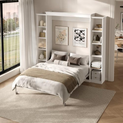 Rophefx Queen Murphy Bed Cabinet with 5-Tier Shelves, Wood Wall Bed, White