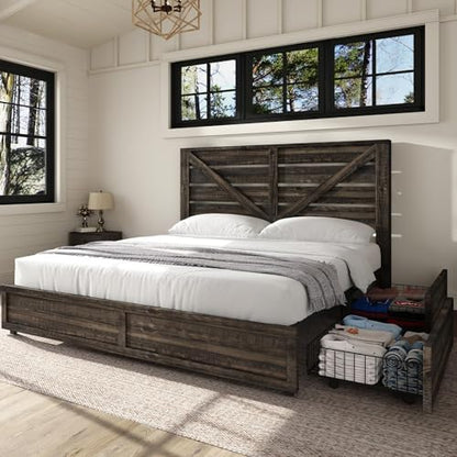 AMERLIFE Full Size Farmhouse Bed Frame with 4 Drawers & Barn Door Headboard
