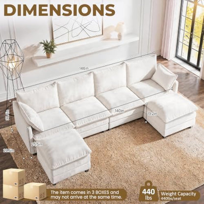 LEVELEVE 146" U-Shape Modular Sofa with 2 Ottomans, Deep Seat Cloud Convertible Sleeper, 2 Arm Pillows, Comfortable Large Upholstered Furniture for Living Room Apartment, Beige