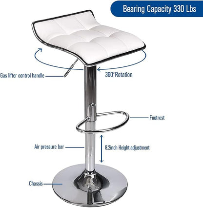 Set of 2 Barstool, Adjustable Swivel Gas Lift Bar Stools, PU Leather with Chrome Base, White