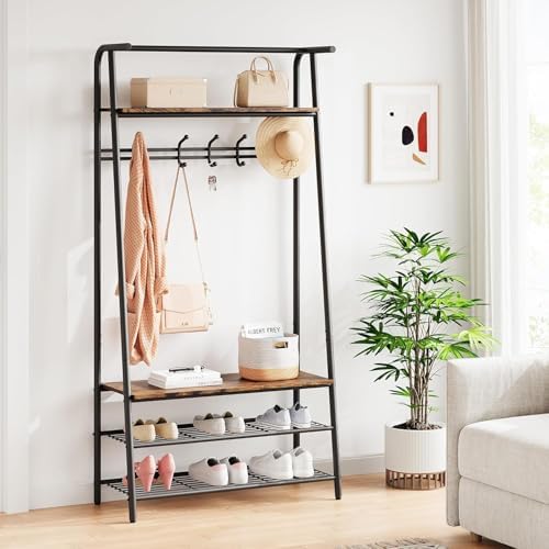 OUTLANE Entryway Hall Tree with 5 Hooks, Shoe Bench & Storage Shelf, Coat Rack Organizer with Wood Accents and Metal Frame for Entryway, Living Room, Bedroom, Rustic Brown-Single row