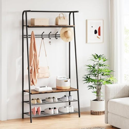 OUTLANE Entryway Hall Tree with 5 Hooks, Shoe Bench & Storage Shelf, Coat Rack Organizer with Wood Accents and Metal Frame for Entryway, Living Room, Bedroom, Rustic Brown-Single row
