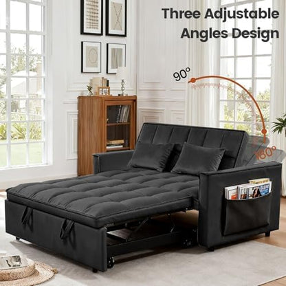 3 in 1 Sofa Bed, Loveseat Sleeper Sofa Bed with Side Pockets, Velvet Fabric Pull Out Couch with Adjustable Backrest for Living Room, Bedroom, Apartment, Black