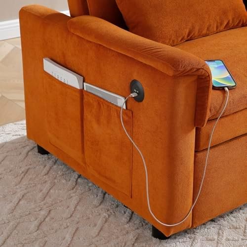 Sofa Bed, Pull Out Couch with Side Pockets, 3 in 1 Velvet Loveseat Sleeper Sofas Beds with USB Ports, Sofa Bed Couch with Adjustable Backrest for Living Room, Bedroom, Apartment, Orange