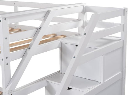 MERITLINE Twin Over Twin Bunk Beds with Trundle and Storage Box, Solid Wood Bunk Bed with Stairs and Storage Case for Teens Adults (White + Solid Wood)