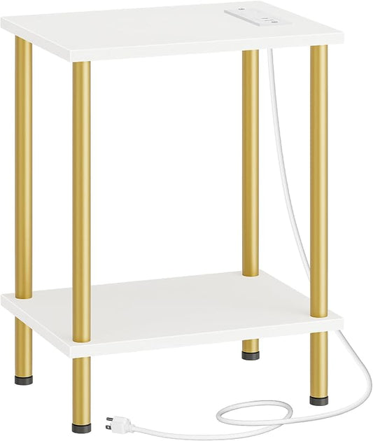 HOOBRO Side Table with Charging Station, End Table with USB Port and Outlet, Nightstand with 2-Layer Storage Shelves for Small Spaces, Living Room, Bedroom, Stable Frame, White and Gold DW09UBZ01