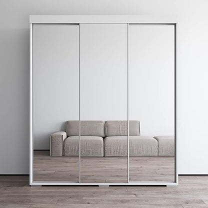 Meble Furniture Aria 3D Wardrobe with All Mirror Doors — Spacious Storage with Multiple Shelves — Modern Bedroom Closet, 82 H x 71 W x 26 D in — White