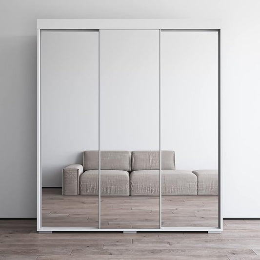 Meble Furniture Aria 3D Wardrobe with All Mirror Doors — Spacious Storage with Multiple Shelves — Modern Bedroom Closet, 82 H x 71 W x 26 D in — White