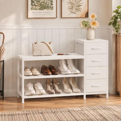 EXOTICA Industrial Shoe Storage Bench with 4 Drawers & Seat, White