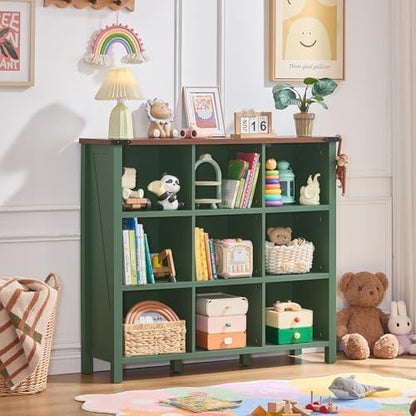 Joaxswe 9 Cube Storage Organizer, Farmhouse 47 Inch Wide Vintage Green Bookshelf, Wooden 3 Tier Display Large Open Book Shelf, Rustic Bookcase for Home Office, Cubby Storage Cabinet for Living Room