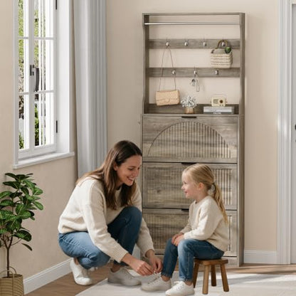 Fluted Shoe Storage Cabinet for Entryway with Coat Rack, Grey