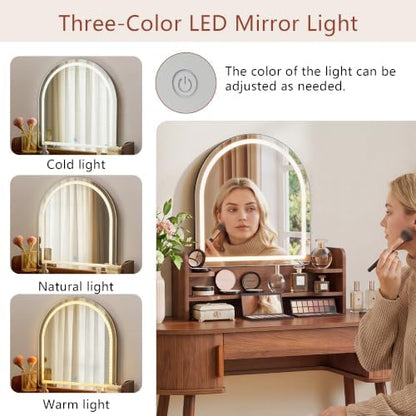 Oval Fluted Vanity Desk with Mirror and Lights, 43" Small Wood Makeup Table