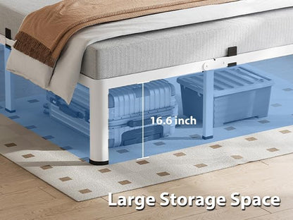 VIPSHOW 18 Inch Queen Size White Bed Frame, 3500Lbs Heavy Duty Metal Platform with Round Corner Legs Mattress Slide Stopper, Steel Slat Support No Box Spring Needed, Noise Free, Easy Assembly