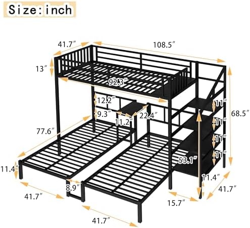 RUNNA Twin XL Over Twin & Twin Triple Bunk Bed with Desk & Shelves, Heavy-Duty Metal Frame, Space-Saving Design for Kids/Teens/Guests