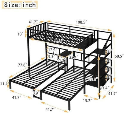 RUNNA Twin XL Over Twin & Twin Triple Bunk Bed with Desk & Shelves, Heavy-Duty Metal Frame, Space-Saving Design for Kids/Teens/Guests