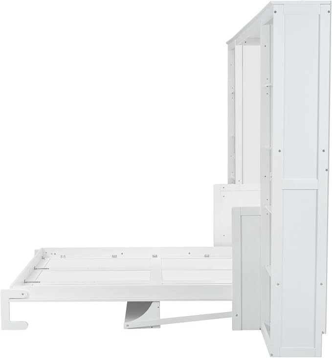 MERITLINE Queen Murphy Bed with Desk and Storage Bookcase,Wood Murphy Wall Bed Cabinet with with Storage Shelves Cabinet for Adults (Queen,White)