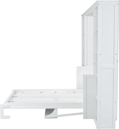 MERITLINE Queen Murphy Bed with Desk and Storage Bookcase,Wood Murphy Wall Bed Cabinet with with Storage Shelves Cabinet for Adults (Queen,White)