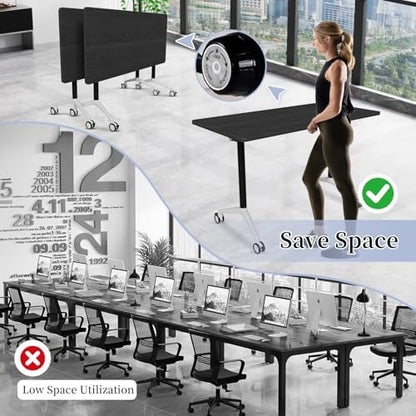 Conference Table, Folding Conference Room Tables on Wheels, Modern Meeting Seminar Table Computer Desk, Boardroom Desk for Office Meeting Conference Room,White,8 Pack 63inch