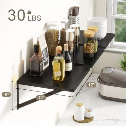 Black Floating Shelves Set of 3, 12"W x 12"D Wall Shelf with Bracket