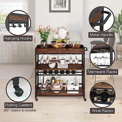 Rolling Bar Cart on Wheels for Home with Wine Rack, Glass Holder