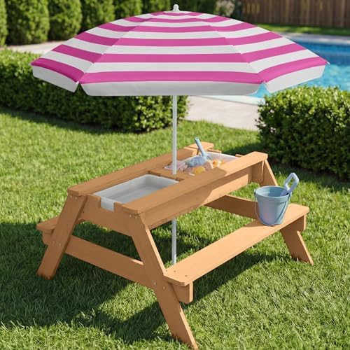 Best Choice Products Kids Picnic Table with Umbrella & Sensory Bins Fuchsia