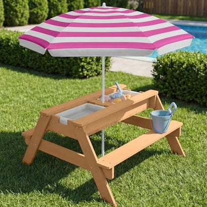 Best Choice Products Kids Picnic Table with Umbrella & Sensory Bins Fuchsia