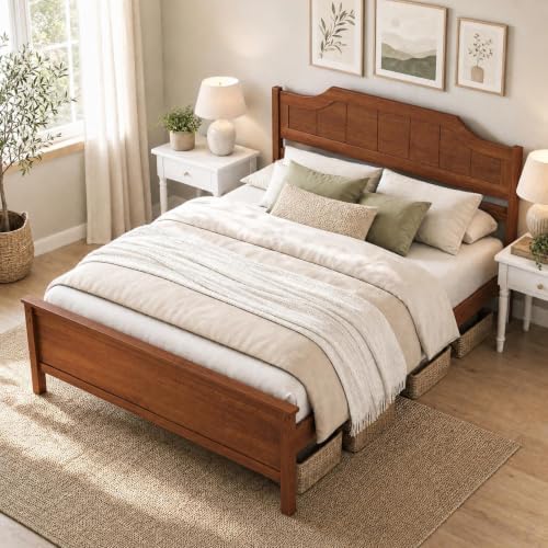 KOMFOTT Full Size Bed Frame with Headboard, Wood Platform Bed (Walnut)